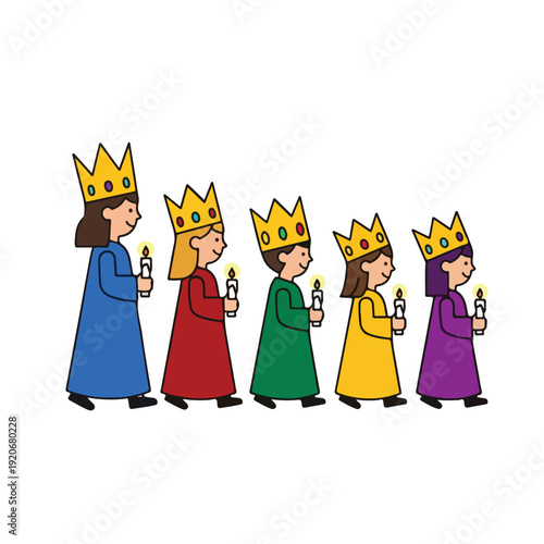 Diverse group of cartoon kings in colorful robes and crowns