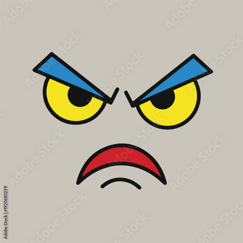 Angry face emoticon with yellow eyes and blue eyebrows