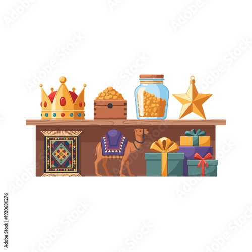 Three Wise Men gifts on a shelf with camel star and treasure