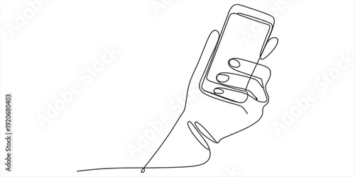 Continuous line drawing of a hand holding a smartphone on a white background Vector, illustration