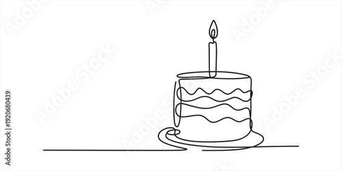 Minimalist continuous line drawing of a birthday cake with a lit candle on top Vector, illustration