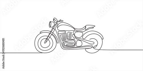 A minimalist single continuous line drawing illustrating a classic cruiser motorcycle in side view. Vector, illustration