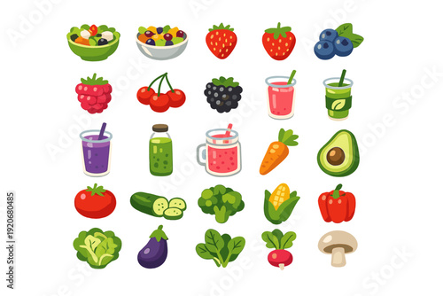 Collection of fresh fruits and vegetables shown together with drinks in bright colors suitable for healthy eating