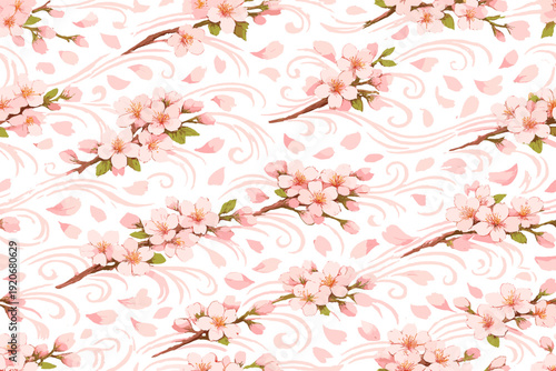 Floral pattern with pink cherry blossoms on a white background featuring swirling designs and falling petals in a seamless layout