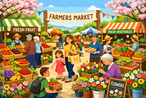Farmers market scene with people buying fruits, vegetables, and flowers in a sunny outdoor setting during the daytime