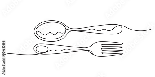 Continuous line drawing of a spoon and fork representing a minimalist approach to dining Vector, illustration