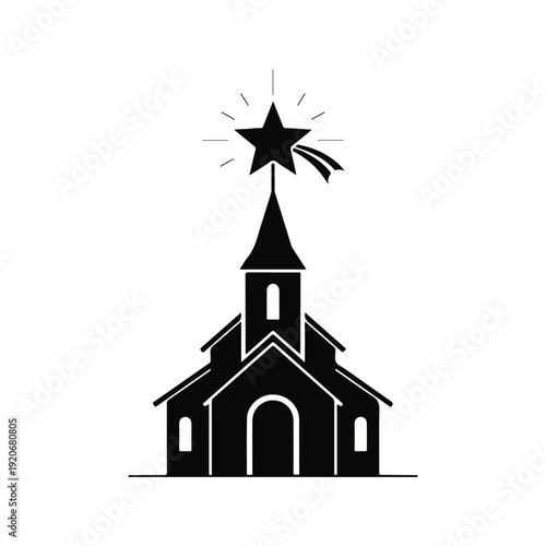 Simple black church with star on steeple icon