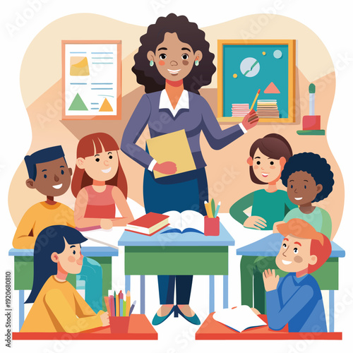 Diverse group of smiling students of various ethnicities and genders interacting with a friendly female teacher in a bright, modern classroom