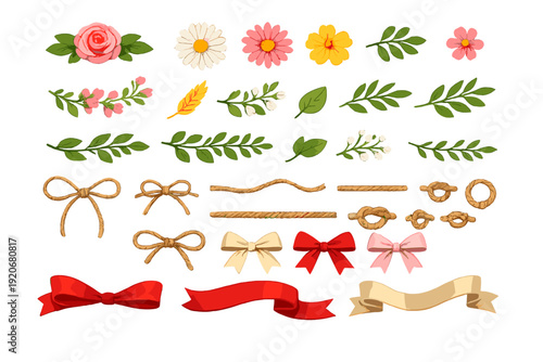 Colorful flowers and ribbons for crafts on a white background in a creative workspace setting