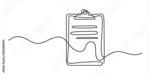Continuous line drawing of a clipboard with paper and text lines, rendered in a minimalist style Vector, illustration