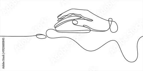 A single line drawing of a hand holding a computer mouse with a continuous cable Vector, illustration