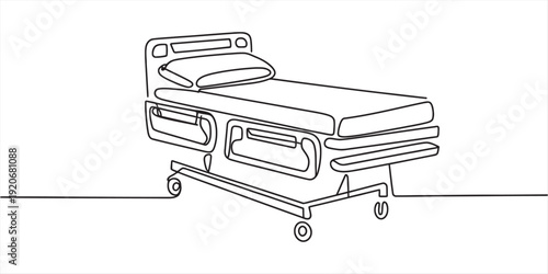 Continuous line drawing of a hospital bed with side rails and wheels on a white background Vector, illustration