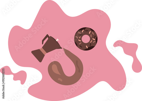 a coffee maker from which an invigorating drink and an appetizing donut flow.