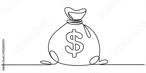 Single line drawing of a money bag with a dollar sign symbol on white background Vector, illustration