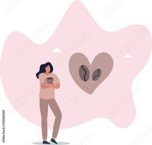 A woman hugs a cup of coffee. A heart and coffee beans.
