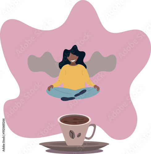 Woman in lotus position with steam wings. Drink and relaxation concept.