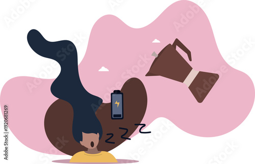 Coffee pouring from a coffee maker onto a sleeping woman. Concept of an invigorating drink.