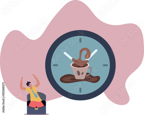 The clock shows the businessman that it is time to drink coffee.