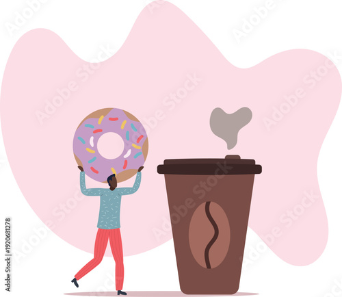 A man holds a donut with cream, and next to him stands a glass of aromatic coffee.