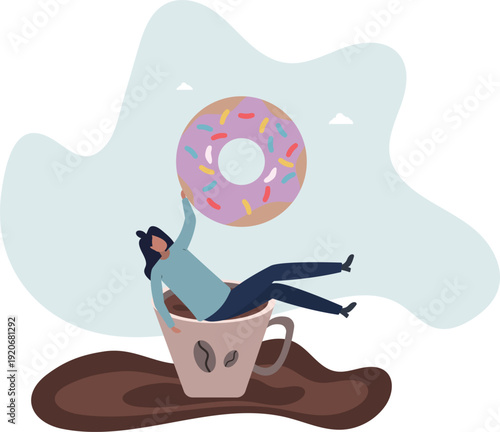 A woman is lying in a cup of coffee as if in a bathtub. She has a donut in her hand.