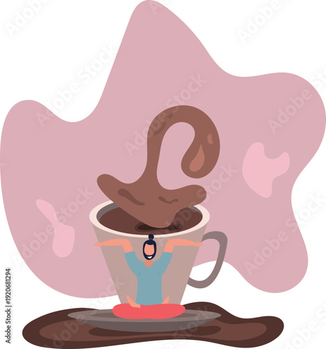 Yogi sitting in lotus position with coffee cup with big splash in background.