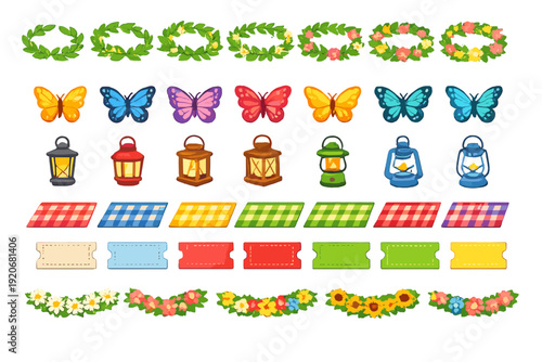 Colorful decorations and items for a garden party or outdoor event in springtime season