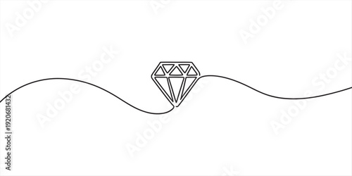 Minimalist continuous line drawing of a sparkling diamond on a white background. Vector, illustration