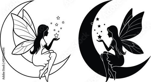 Fantasy illustration of a fairy sitting on a crescent moon in both outline and silhouette designs