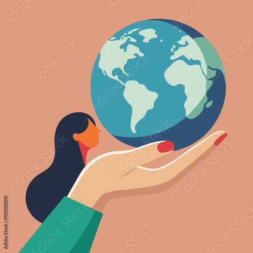 Close-up of a woman's hand gently holding a glowing blue globe, symbolizing global responsibility, environmentalism, and worldwide connection