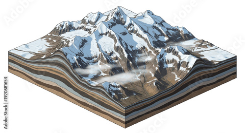 Isometric depiction of snow-capped mountains with visible geological layers and atmospheric clouds in a cross-section