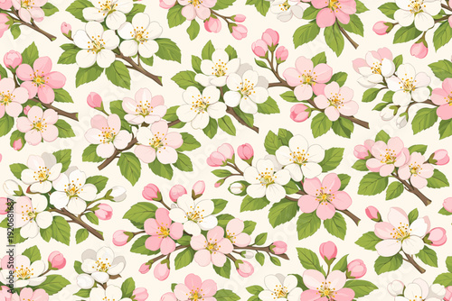 Bright floral pattern with pink and white flowers on light background in spring season displaying nature's beauty