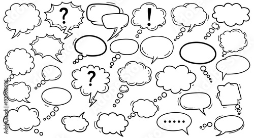 Collection of various cartoon speech bubbles with question marks and exclamation points on a plain background