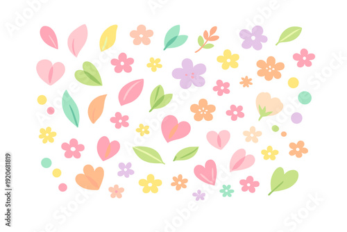 Multiple colorful shapes of flowers and leaves scattered across a white background during springtime