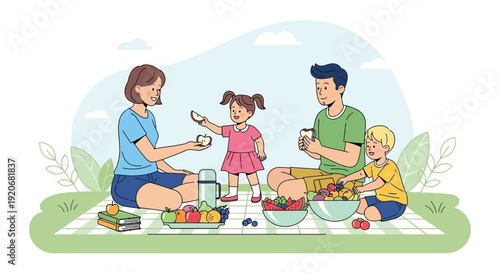 Joyful Family Picnic Outdoors Enjoying Fresh Fruit and Nature