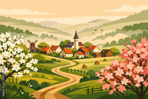 Countryside scene in spring with a village, windmill, trees, and rolling hills under a clear sky during the day