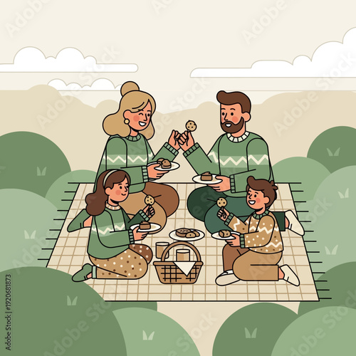 Joyful Family Picnic Outdoors Enjoying Snacks Together in Nature