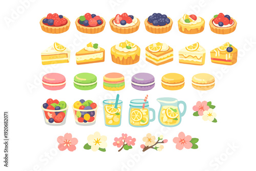 Different types of desserts and drinks on a white background with fruits, cakes, and flowers in a simple arrangement