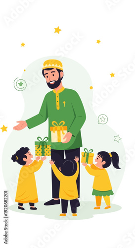 Joyful Father Distributes Gifts To His Children During Festive Occasion
