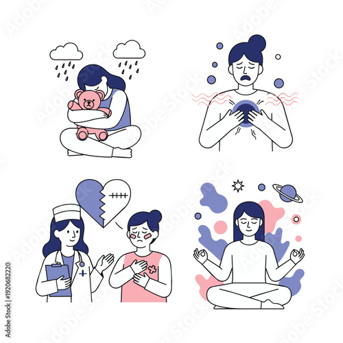Mental Health Awareness Support and Inner Peace Vector Illustrations