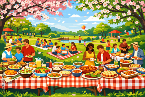 People enjoy food and time together at a picnic in a park during a sunny day with flowers and families having fun