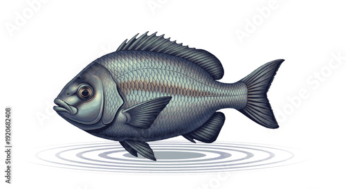 Realistic illustration of a dark-scaled fish with faint vertical stripes, swimming in rippling water on a white background, suitable for aquatic themes