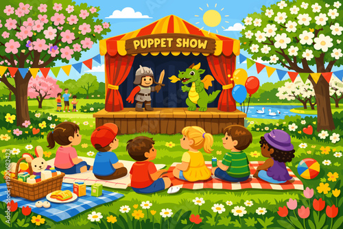 Children watch a puppet show in a park on a sunny day with flowers and trees around them