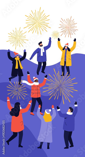 Joyful Group Celebrating With Fireworks Display During Winter Festival Celebration