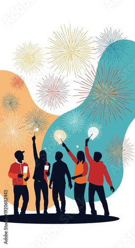 Joyful Group Celebrating With Fireworks Silhouette Against Abstract Colorful Background Design