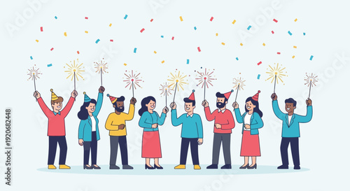 Joyful Group Celebrating With Sparklers And Confetti During Special Occasion