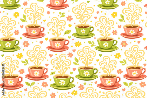 Pattern of colorful cups with steaming drinks and flowers on a light background