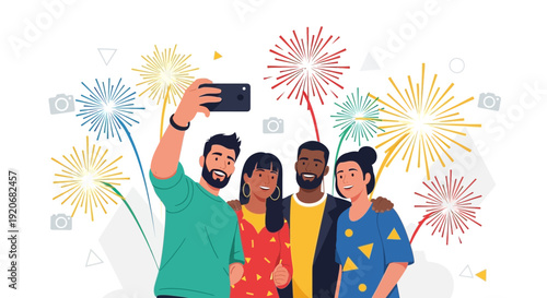 Joyful Group Celebrating With Fireworks While Capturing Memories Using Their Mobile Phone
