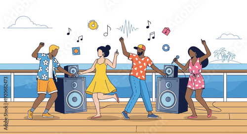 Joyful Group Dancing Outdoors With Music and Celebration on a Cruise Ship Deck