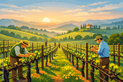 Workers harvest grapes in a vineyard near hills at sunset in Italy during spring