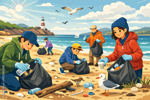 People clean the beach by collecting trash and waste near the water while seagulls fly above on a clear sunny day